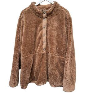 Denim & Co. Fleece Pullover Plus Size 2X Brown Cozy Fuzzy Womens Sherpa Jacket